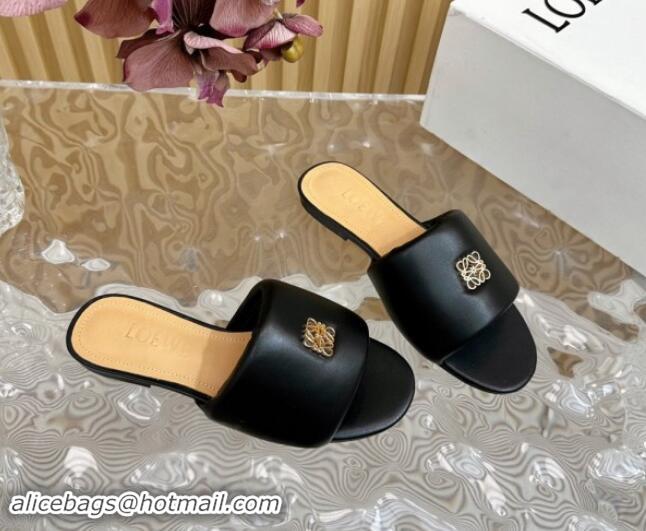 Durable Loewe Nappa Leather Flat Slides Sandal Black 703066