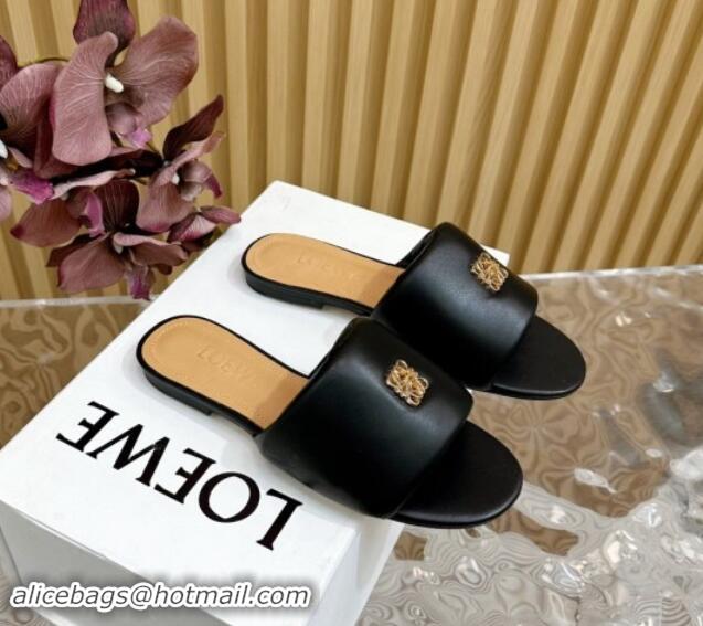 Durable Loewe Nappa Leather Flat Slides Sandal Black 703066