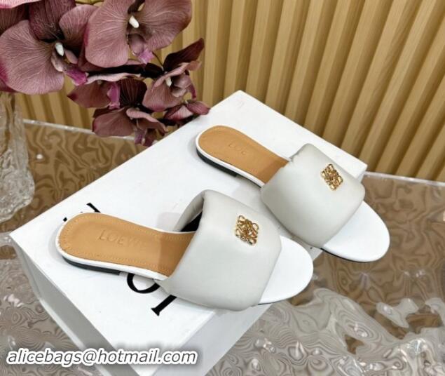 Good Quality Loewe Nappa Leather Flat Slides Sandal White 703067