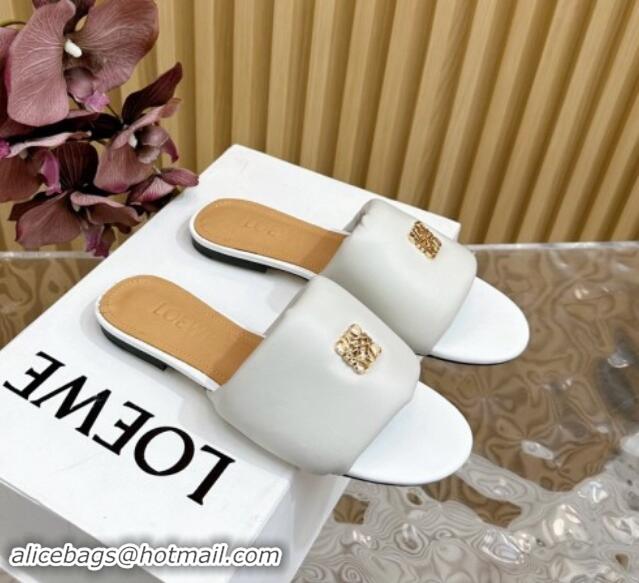 Good Quality Loewe Nappa Leather Flat Slides Sandal White 703067