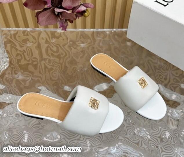 Good Quality Loewe Nappa Leather Flat Slides Sandal White 703067