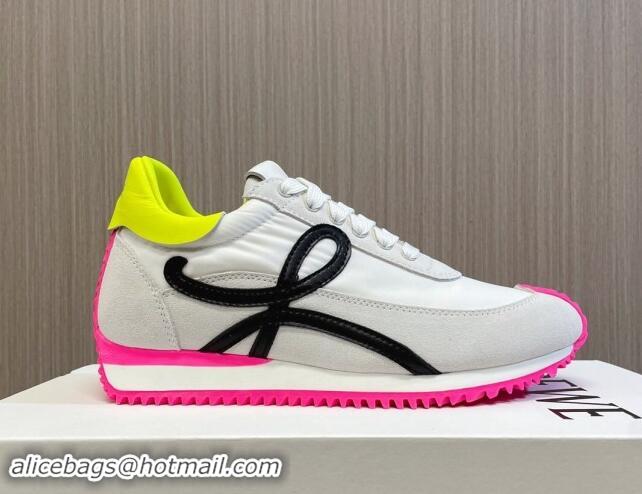 Charming Loewe Flow Runner Sneakers in Nylon and Suede L81503 White/Rosy/Black 081503