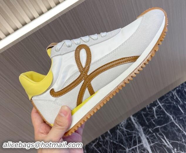 Sumptuous Loewe Flow Runner Sneakers in Nylon and Suede L81511 White/Brown/Yellow 081511