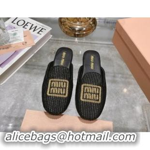 Grade Miu Miu Raffia-effect Woven Flat Mules with Embroidered Logo Black 507038