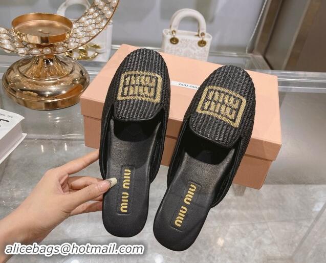 Grade Miu Miu Raffia-effect Woven Flat Mules with Embroidered Logo Black 507038