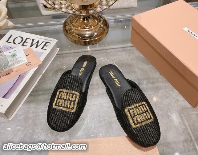 Grade Miu Miu Raffia-effect Woven Flat Mules with Embroidered Logo Black 507038