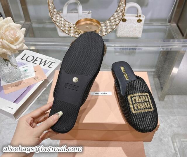 Grade Miu Miu Raffia-effect Woven Flat Mules with Embroidered Logo Black 507038