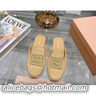 Top Quality Miu Miu Raffia-effect Woven Flat Mules with Embroidered Logo Beige 507039