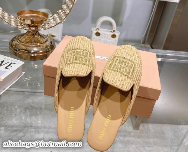 Top Quality Miu Miu Raffia-effect Woven Flat Mules with Embroidered Logo Beige 507039