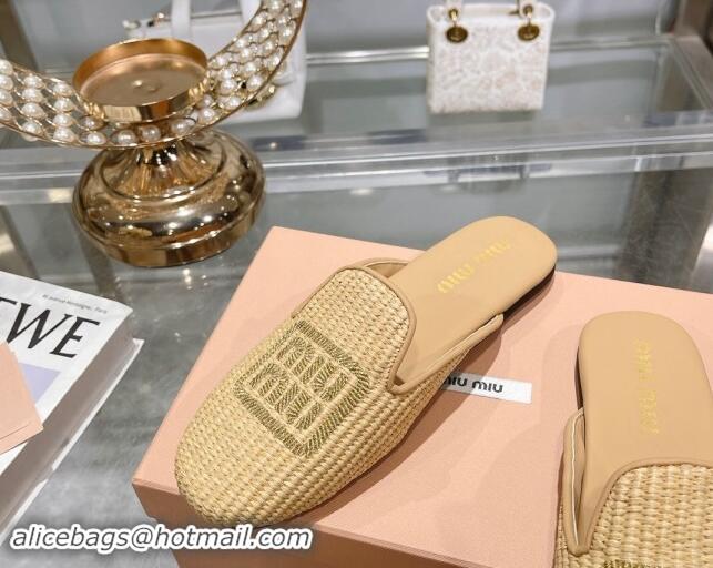 Top Quality Miu Miu Raffia-effect Woven Flat Mules with Embroidered Logo Beige 507039