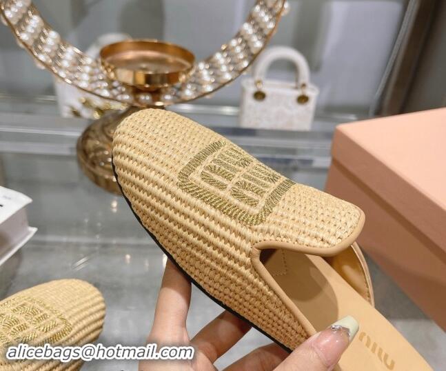 Top Quality Miu Miu Raffia-effect Woven Flat Mules with Embroidered Logo Beige 507039