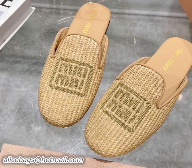 Top Quality Miu Miu Raffia-effect Woven Flat Mules with Embroidered Logo Beige 507039