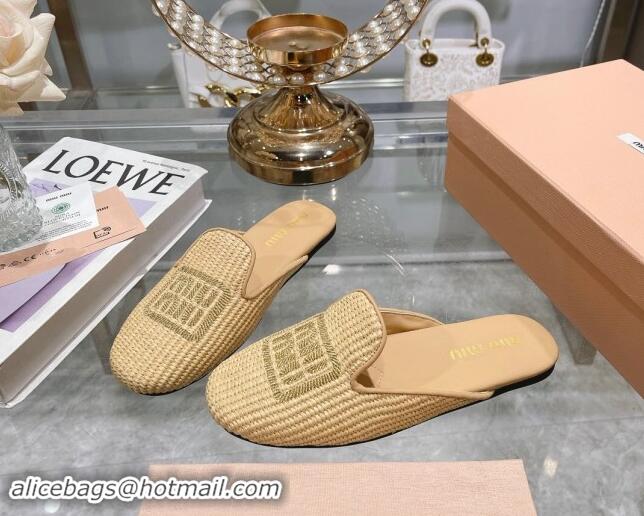 Top Quality Miu Miu Raffia-effect Woven Flat Mules with Embroidered Logo Beige 507039