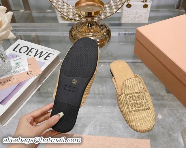 Top Quality Miu Miu Raffia-effect Woven Flat Mules with Embroidered Logo Beige 507039