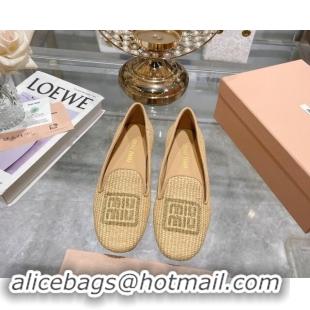 Best Price Miu Miu Raffia-effect Woven Flat Loafers with Embroidered Logo Beig 507040