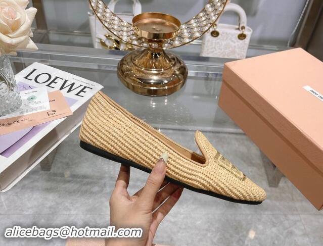 Best Price Miu Miu Raffia-effect Woven Flat Loafers with Embroidered Logo Beig 507040