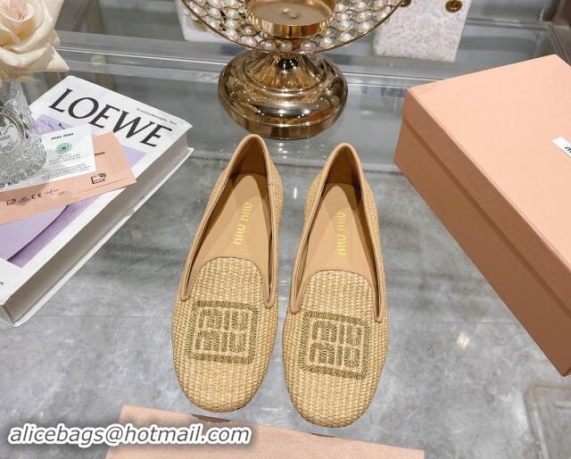 Best Price Miu Miu Raffia-effect Woven Flat Loafers with Embroidered Logo Beig 507040