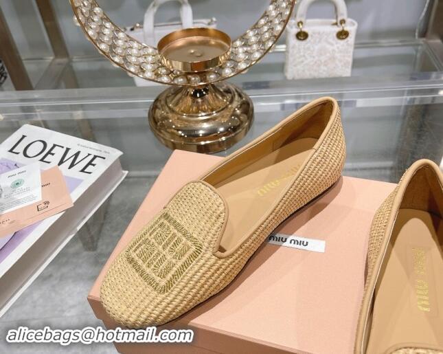 Best Price Miu Miu Raffia-effect Woven Flat Loafers with Embroidered Logo Beig 507040