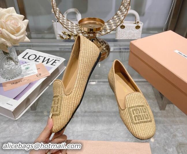 Best Price Miu Miu Raffia-effect Woven Flat Loafers with Embroidered Logo Beig 507040