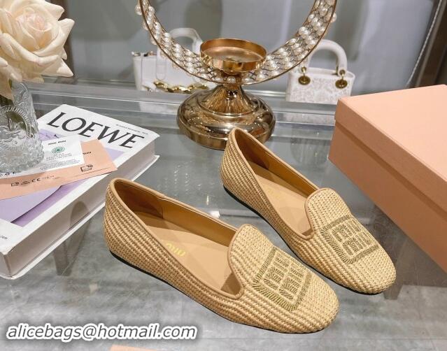 Best Price Miu Miu Raffia-effect Woven Flat Loafers with Embroidered Logo Beig 507040