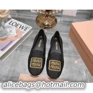 Good Product Miu Miu Raffia-effect Woven Flat Loafers with Embroidered Logo Black 507041