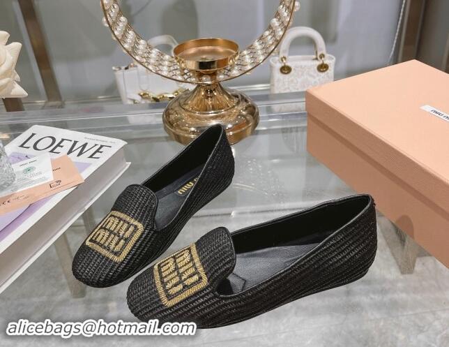 Good Product Miu Miu Raffia-effect Woven Flat Loafers with Embroidered Logo Black 507041