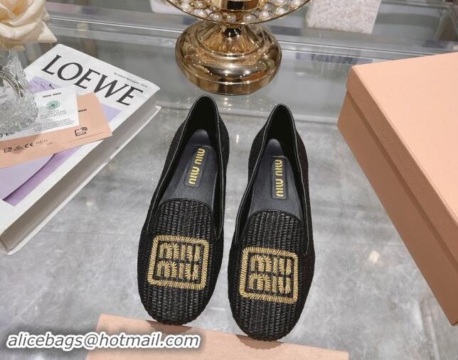 Good Product Miu Miu Raffia-effect Woven Flat Loafers with Embroidered Logo Black 507041