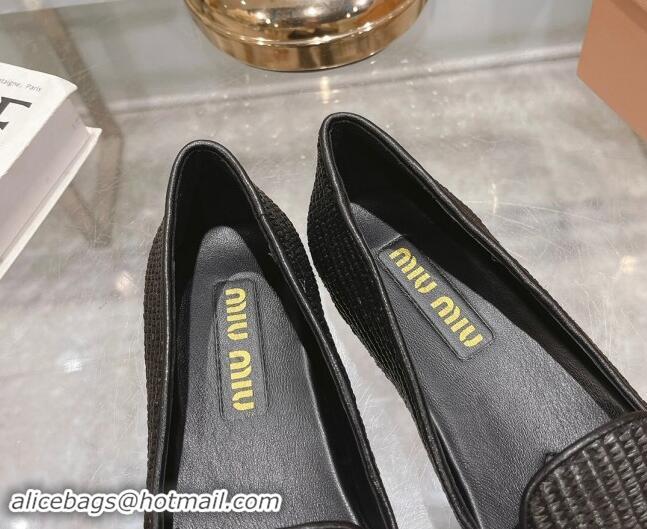 Good Product Miu Miu Raffia-effect Woven Flat Loafers with Embroidered Logo Black 507041