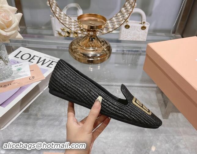 Good Product Miu Miu Raffia-effect Woven Flat Loafers with Embroidered Logo Black 507041