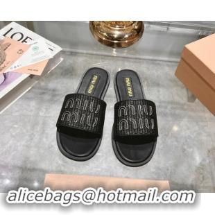 Perfect Miu Miu Raffia-effect Woven Flat Slide Sandals with Embroidered Logo Black 507042