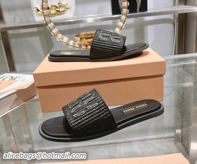 Perfect Miu Miu Raffia-effect Woven Flat Slide Sandals with Embroidered Logo Black 507042