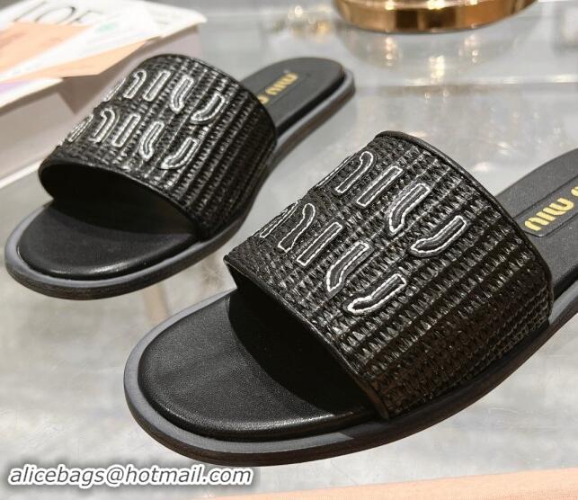 Perfect Miu Miu Raffia-effect Woven Flat Slide Sandals with Embroidered Logo Black 507042