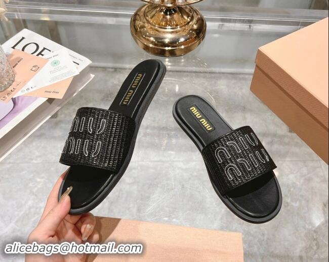 Perfect Miu Miu Raffia-effect Woven Flat Slide Sandals with Embroidered Logo Black 507042