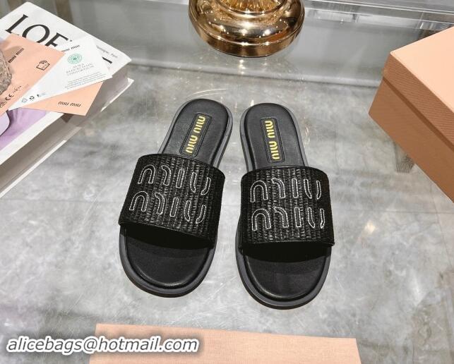 Perfect Miu Miu Raffia-effect Woven Flat Slide Sandals with Embroidered Logo Black 507042