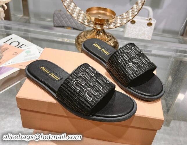 Perfect Miu Miu Raffia-effect Woven Flat Slide Sandals with Embroidered Logo Black 507042