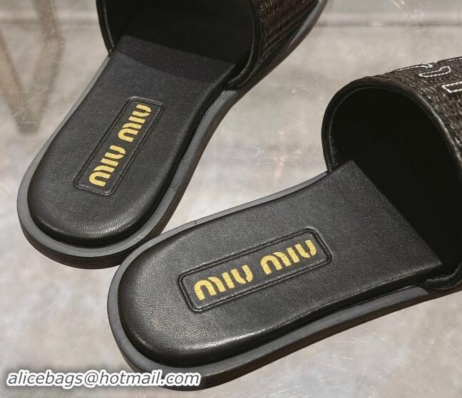 Perfect Miu Miu Raffia-effect Woven Flat Slide Sandals with Embroidered Logo Black 507042