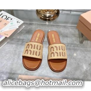 Good Quality Miu Miu Raffia-effect Woven Flat Slide Sandals with Embroidered Logo Brown 507043