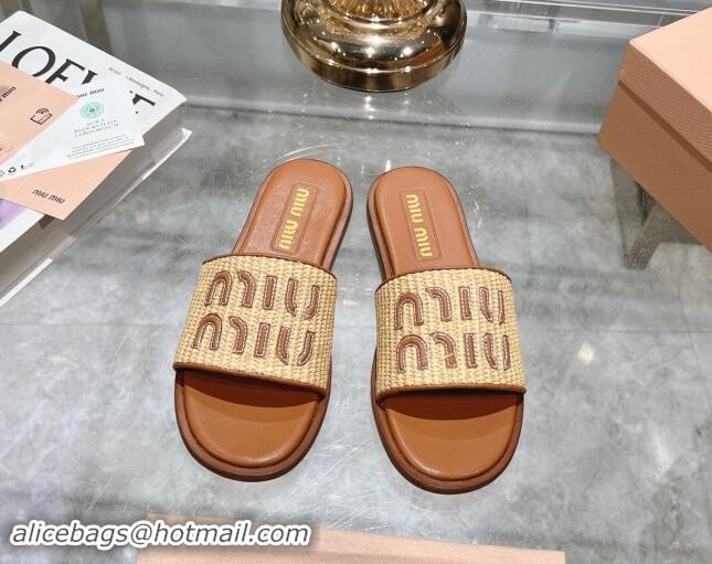 Good Quality Miu Miu Raffia-effect Woven Flat Slide Sandals with Embroidered Logo Brown 507043