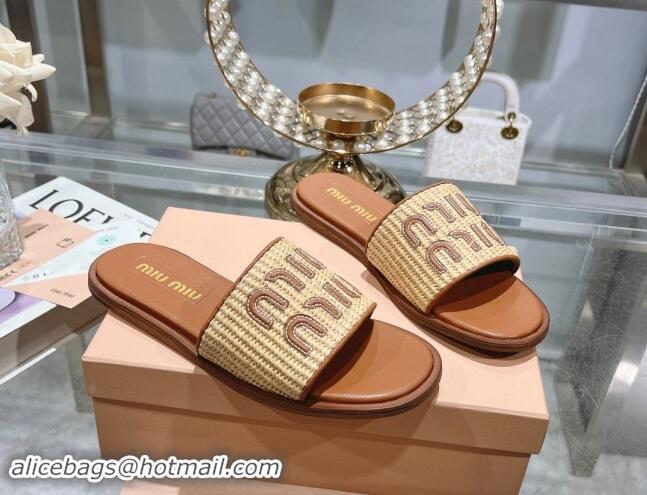 Good Quality Miu Miu Raffia-effect Woven Flat Slide Sandals with Embroidered Logo Brown 507043