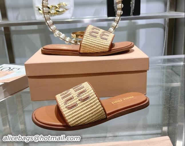 Good Quality Miu Miu Raffia-effect Woven Flat Slide Sandals with Embroidered Logo Brown 507043