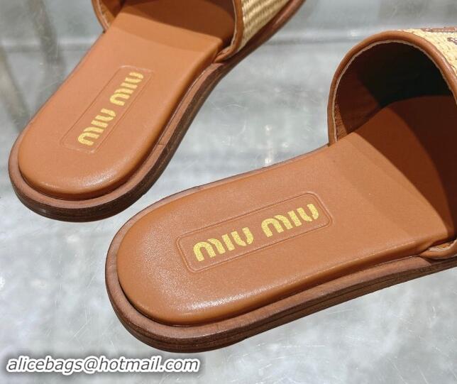 Good Quality Miu Miu Raffia-effect Woven Flat Slide Sandals with Embroidered Logo Brown 507043