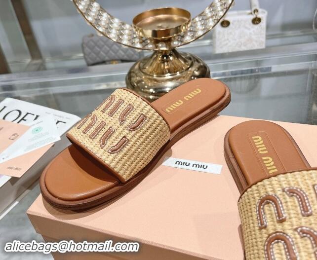 Good Quality Miu Miu Raffia-effect Woven Flat Slide Sandals with Embroidered Logo Brown 507043