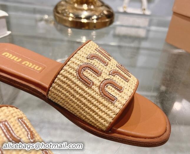 Good Quality Miu Miu Raffia-effect Woven Flat Slide Sandals with Embroidered Logo Brown 507043