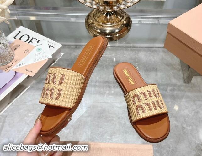 Good Quality Miu Miu Raffia-effect Woven Flat Slide Sandals with Embroidered Logo Brown 507043