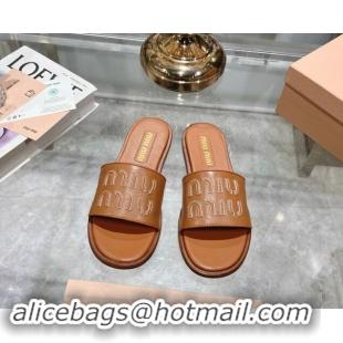 Low Price Miu Miu Leather Flat Slide Sandals with Embroidered Logo Brown 507044