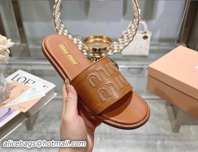 Low Price Miu Miu Leather Flat Slide Sandals with Embroidered Logo Brown 507044