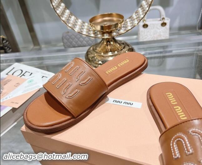 Low Price Miu Miu Leather Flat Slide Sandals with Embroidered Logo Brown 507044