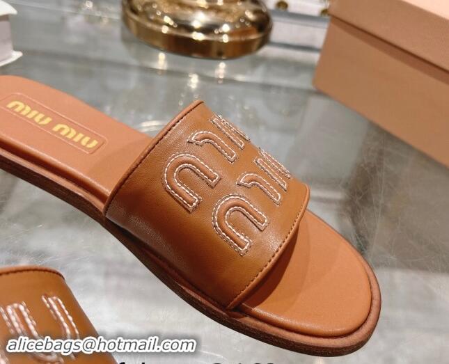 Low Price Miu Miu Leather Flat Slide Sandals with Embroidered Logo Brown 507044