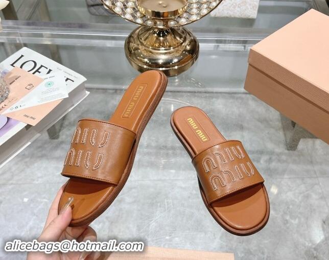 Low Price Miu Miu Leather Flat Slide Sandals with Embroidered Logo Brown 507044