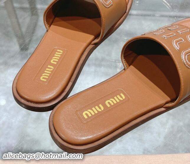 Low Price Miu Miu Leather Flat Slide Sandals with Embroidered Logo Brown 507044